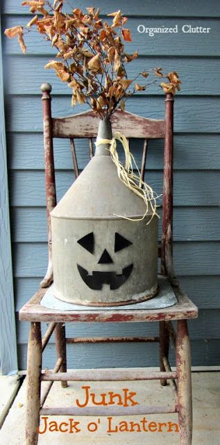 Funnel Junk Jack o'Lantern www.organizedclutter.net Organized Clutter, Halloween Decor Diy, Jack O'lantern, Primitive Fall, Primitive Halloween, Fall Deco, Autumn Decorating, Fall Decoration, Fall Projects