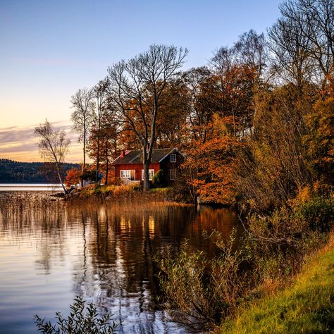 ***Autumn evening (Sweden) by Hans Johansson af.c. Sweden Aesthetic, Sweden House, Autumn Evening, Swedish House, Lake Living, Cabins And Cottages, Autumn Beauty, Autumn Aesthetic, Fall Photos