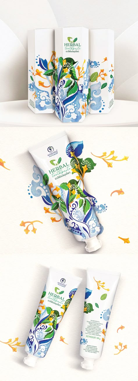 Toothpaste Package Design, Herbal Product Packaging, Herbal Packaging Design, Thai Packaging Design, Cosmetics Packaging Ideas, Toothpaste Packaging Design, Flower Advertising, Toothpaste Design, Organic Skincare Packaging