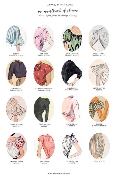 Who knew there were so many different types of sleeves a garment could have! Here is a quick reference guide to 16 different types of sleeves often found with vintage dresses and blouses. Types Of Short Sleeves, Sleeves For Dresses, Different Types Of Sleeves, Fashion Design Inspiration, Tuck Dress, Dresses By Pattern, Clothing Guide, Fashion Dictionary, Fashion Terms