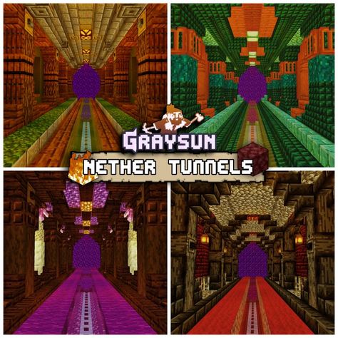 Minecraft Nether Highway Design, Nether Wart Farm Design Minecraft, Nether Interior Minecraft, Nether Highway Minecraft, Nether Paths Minecraft, Tunnel Minecraft Ideas, Minecraft Battle Arena Ideas, Underground Nether Portal Design, Minecraft Nether Highway