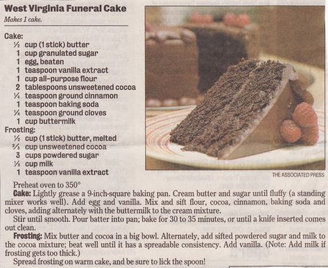 West Virginia Funeral Cake Recipe - With a short history story behind how the real story behind the cake name --- http://girottifamily.typepad.com/mountain_musings/2009/01/west-virginia-funeral-cake.html Buttermilk Frosting, Appalachian Recipes, Cake Name, A Piece Of Cake, Piece Of Cake, Retro Recipes, Cake Frosting, Unsweetened Cocoa, Vintage Recipes