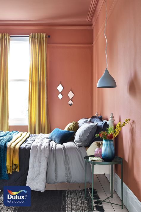 This adult bedroom idea is cosy and cocooning. A painted ceiling and walls in Copper Blush is the perfect way to make the bedroom feel warm stylish. Copper Blush, Boys Bedroom Paint, Cosy Bedroom, Luxury Bedroom Design, Boys Bedroom Decor, Painted Ceiling, Bedroom Loft, Kids Bedroom Decor, Furniture Arrangement