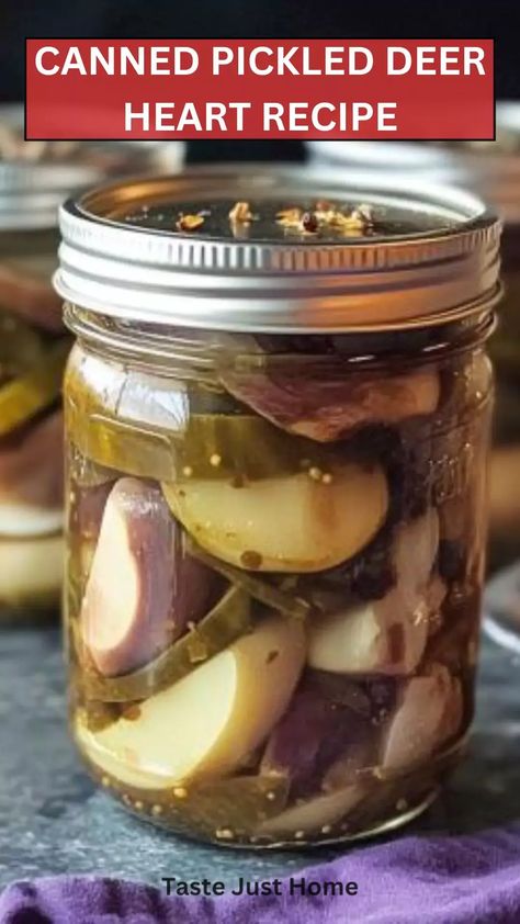 Canned Pickled Deer Heart Recipe – Taste Just Home Pickled Heart Recipes, Pickled Deer Heart, Pickled Deer Heart Recipe, Canning Deer Meat Recipes, Deer Heart Recipes, Deer Heart Recipe, Canning Venison, Canned Venison, Gizzards Recipe