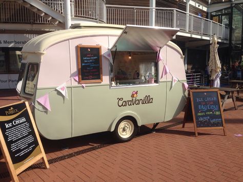 Vintage 1960s caravan beautifully restored in to an ice cream van. Available to hire for your big day x Vintage Trucks Chevy, Vintage Food Truck, Ice Cream Trailer, Foodtrucks Ideas, Mobile Bars, Ice Cream Business, Coffee Van, Truck Cakes, Ice Cream Cart