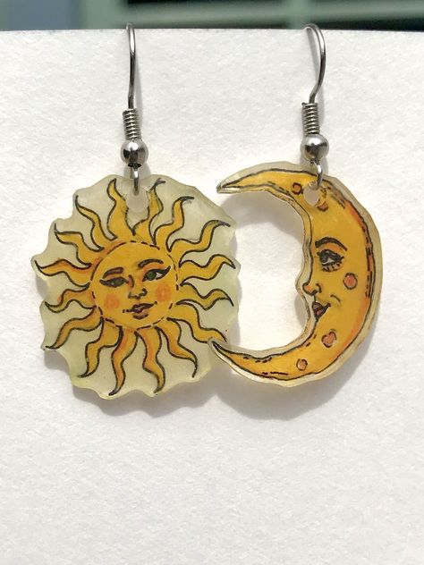 Sun & moon dangle earrings | Etsy - Shrinky Dink Earrings, Shrink Plastic Jewelry, Quirky Earrings, Funky Earrings, Dope Jewelry, Plastic Jewelry, Funky Jewelry, Sun And Moon, Diy Schmuck