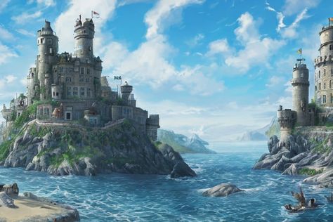 Seaside Castle- AI Art created on InstantArt Seaside Castle Fantasy Art, Seaside City Fantasy Art, Seaside Kingdom, Seaside Castle, Ocean Kingdom, Map Key, Seaside Art, Book Things, Fantasy City