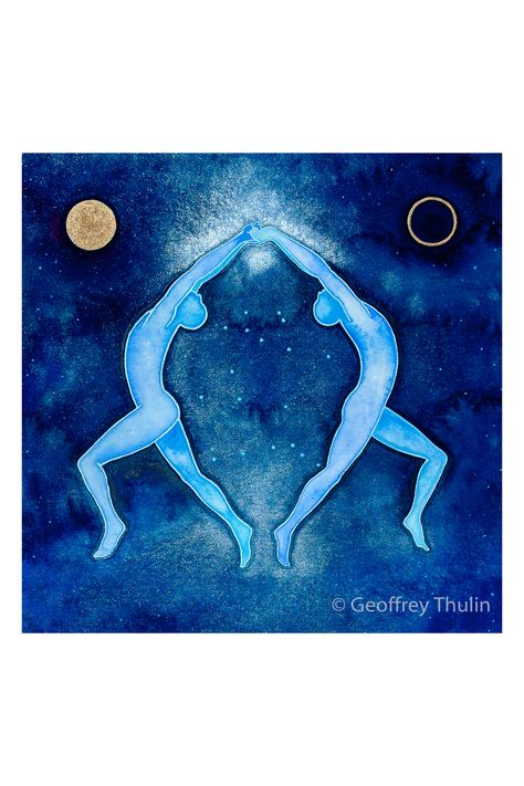 original gouache painting in blue and silver celebrating the zodiac sign Gemini by American watercolor artist Geoffrey Thulin Zodiac Painting Ideas, Gemini Painting, Gemini Pictures, Full Moon Photography, Gemini Tattoo Designs, Gemini Art, Gemini Tattoo, Moon Illustration, Moon Photography