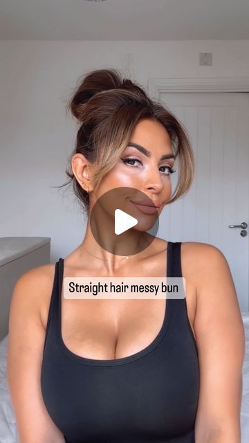 Natasha Sandhu on Instagram: "Easy straight hair “messy” bun 🤎   #hair #hairstyles #hairtutorial #messybun #bun #hairideas" Straight Hair Messy Bun, Messy Bun With Bangs, Bun With Bangs, Hair Messy Bun, Hair Messy, Straight Bangs, Bun Hair, Style Mistakes, Messy Hairstyles