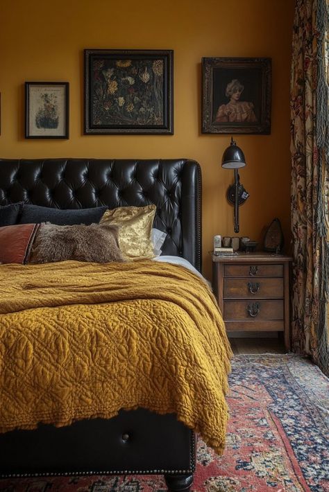 29 Yellow Fantasy Bedroom Ideas to Bring Sunshine and Magic into Your Room 16 Mustard Yellow Color Palette, Ochre Bedroom, Fantasy Bedroom Ideas, Glamour Room, Mustard Bedroom, Yellow Bedroom Walls, Mustard Yellow Bedrooms, Mustard Yellow Walls, Mustard Walls