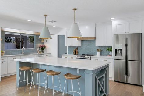 Whitney Beswick (@wbeswick) • Instagram photos and videos Cleaning Ceramic Tiles, Light Blue Kitchens, Cleaning Tile Floors, Blue Backsplash, Blue Kitchen Cabinets, Polish Ceramics, Shower Floor Tile, Glazed Ceramic Tile, Ceramic Subway Tile