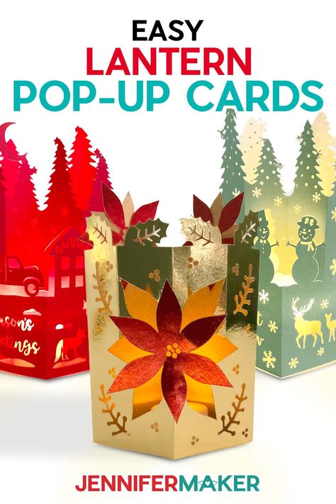 Make easy lantern pop-up cards with JenniferMaker's tutorial! Three beautiful pop-up lantern cards with different holiday and seasonal-inspired colors and designs. Cricut Christmas Cards, Pop Up Christmas Cards, Jennifer Maker, Trending Crafts, Paper Flower Arrangements, Christmas Paper Crafts, Cricut Cards, 3d Paper Crafts, Cricut Craft Room