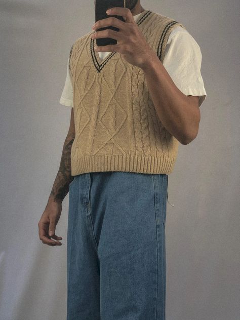 T Shirt Vest Outfit, Vintage Vest Outfit Men, Tan Sweater Vest Outfit Men, Casual Sweater Vest Outfit Men, Sweater Vest Mens Outfit, Guy Sweater Vest Outfit, Casual Vest Outfits Men, Brown Sweater Vest Outfit Men, Sweater Vest Outfit Mens Streetwear