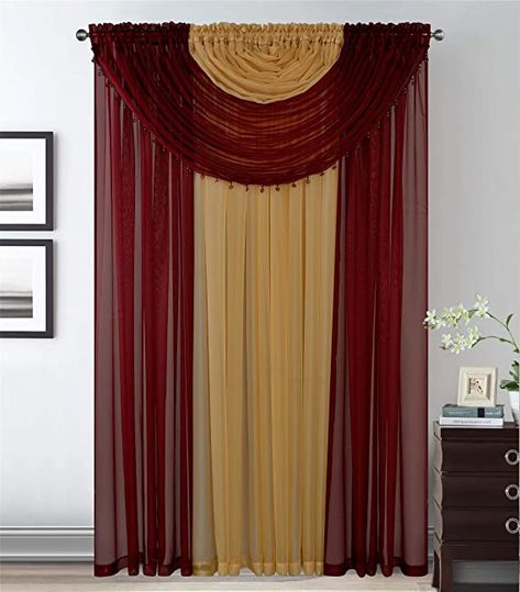 4 Panels With 2 Attached Valances All-In-One Burgundy Gold Sheer Rod Pocket Curtain Panel 84 Inches Long With Crystal Beads - Window Curtains for Bedroom, Living Room or Dinning Room Gold Curtains Living Room, Burgundy Curtains, Burgundy Living Room, Minimalist Curtains, Gold Bedroom Decor, Window Sheers, Gold Living Room, Gold Curtains, Country Curtains