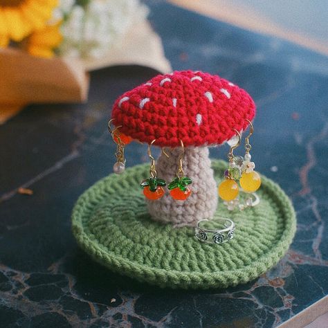 Buy Crochet Mushroom Earring Stand Holder Handmade Crochet Online in India - Etsy Crochet Craft Room, Diy College, Crochet Water Bottle Holder, Mushroom Color, Crochet Organizer, Crochet Project Ideas, Mushroom Jewelry, Crochet Mushroom, Crochet Market