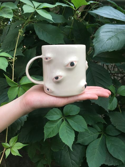 Black Eyes Coffee Mug, Large Clay Tea Mug, Hand Painted Coffee Pottery Mug, Funky Mug, Gift for Them, Housewarming Gift, Clay Kitchenware - Etsy Funky Tea Cups, Cool Mugs Pottery, Weird Ceramic Mugs, Pottery Tiles Ideas, Cute Clay Mugs, Air Dry Clay Mug, Sculptural Mugs, Clay Mug Designs, Clay Mug Ideas