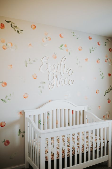 Peaches Themed Nursery, Peach Nursery Decor, Sweet As A Peach Nursery, Peach Theme Nursery, Peach Baby Room, Peach Nursery Girl, Peachy Nursery, Accent Wall For Nursery