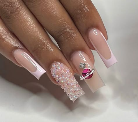 Nails With Charms, Maroon Nail, Nail Colors And Designs, Pink French Tip, Pink French Nails, French Tip Nail Designs, Colored Acrylic Nails, Girly Acrylic Nails, French Tip Acrylic Nails