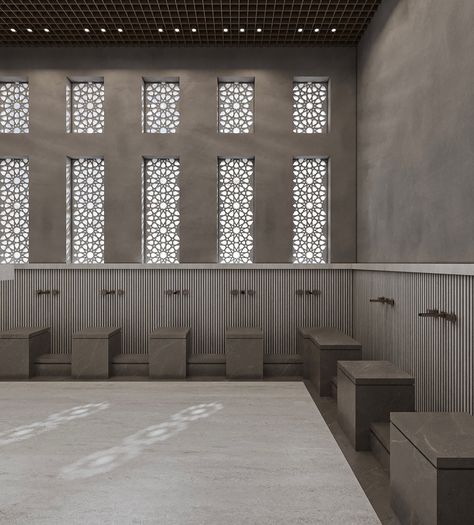 The wudu area in Masjid Al-Hikma is crafted entirely from sleek marble, with a modern design and subtle grey tones. This thoughtfully designed space provides a serene and hygienic environment for worshippers. - - - - - - #interiordesign #interiorinspo #interiordaily #interiorstyle #interiorinspiration #3dvisualization #designinspiration #design #designinterior #visualart #visualization #3dmax #modern #art #luxurylifestyle #luxury #islamic #architecture #masjed Mosque Design Interior, Wudhu Area Design, Small Mosque Design, Masjid Interior Design, Masjid Interior Design Modern, Surau Design, Modern Islamic Architecture, Mosque Interior Design, Masjid Design