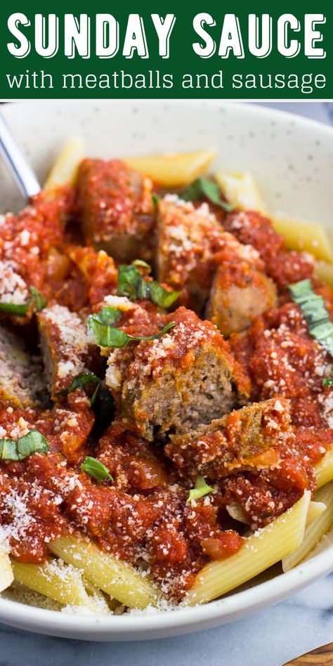 Sunday sauce is a thick and hearty homemade marinara sauce loaded with meatballs and sausage. Simple ingredients cook slowly and transform into an ultra flavorful main dish your family will crave. It’s a perfect meal to serve a crowd! Sunday Pasta Sauce, Meatballs And Sausage In Sauce, Sunday Sauce And Meatballs, Sunday Pasta Dinner Ideas, Sunday Sauce Italian, Dinner Ideas Italian, Sunday Sauce Recipe, Sauce With Meatballs, Stock The Freezer