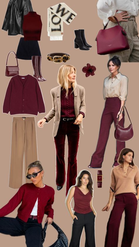 Burgundy dark red outfit inspiration autumn trend pantalon knitwear blazer School Office Outfits, Burgundy Trousers Outfit, Red Outfit Inspiration, Dark Red Outfit, Burgundy Pants Outfit, Aries Outfits, Red Blazer Outfit, Korean Fashion Work, Burgundy Outfit