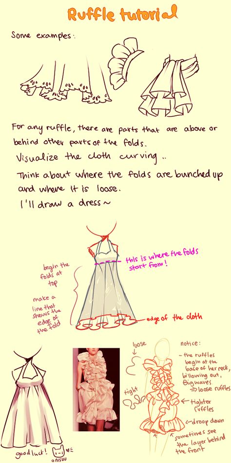 Ruffle Drawing, Drawing Ruffles, How To Draw Ruffles, Ruffle Tutorial, Ruffles Drawing, Feminine Clothing, Art Advice, Fashion Sketch, Dress Drawing