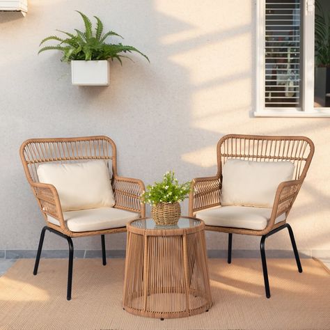 3 Piece Outdoor Wicker Conversation Bistro Set, All-Weather Rattan Furniture Patio Chairs Set with Cushions - Bed Bath & Beyond - 31624115 Yellow Outdoor Furniture, Balcony Furniture Set, Outdoor Wicker Patio Furniture, Balcony Chairs, Sectional Patio Furniture, Wicker Patio Furniture Set, Sectional Furniture, Outdoor Wicker Furniture, Outdoor Bistro Set