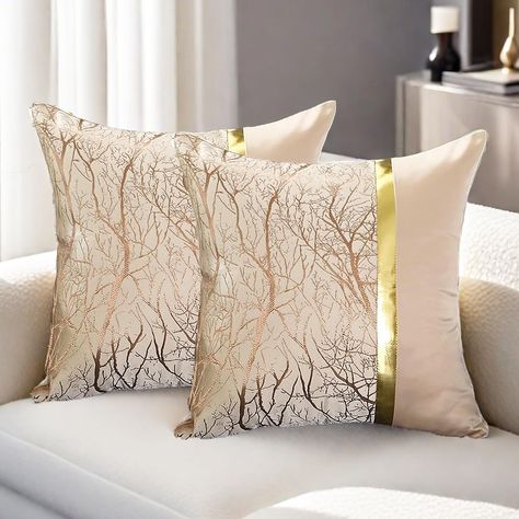 PRICES MAY VARY. Polyester 🎨【Decorative Throw Pillow Cover】: This decorative pillow cover is spliced with gold stripe leather on one side, with a textured design, which is layered, beautiful and refined. The back is solid color, super soft, smooth to the touch and skin-friendly. Embodying luxury in a low-key manner reflects your extraordinary taste！ 🎨【Beautiful Decoration】: The classic color makes this modern pillowcase a perfect match for any style of home decor! Matching decoration for livin Modern Cushion Covers, Beige Throw Pillows, Modern Cushions, 18x18 Pillow Cover, Silk Pillow Cover, تصميم للمنزل العصري, Cushion Cover Designs, Luxury Cushions, Decorative Cushion Covers