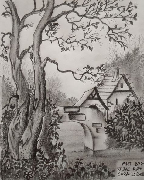 Landscape Shading Drawing, Scenery Pencil Drawing, Basic Sketches, Nature Sketches Pencil, Pencil Sketches Landscape, Charcoal Sketches, Landscape Pencil Drawings, Shading Drawing, Drawing Scenery