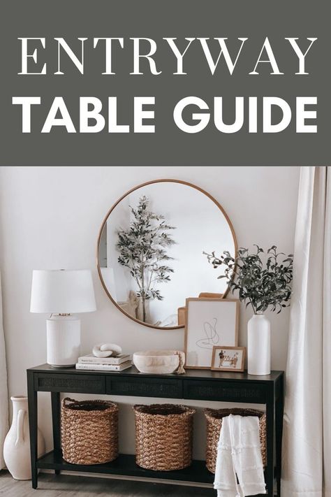 These are seriosuly the best console tables / entryway table decor inspirations! You'll be obssesed! SEE THEM ALL HERE: https://byannabellerose.com/5-ridiculously-pretty-entryway-table-decor-inspirations-that-youll-love/ Entryway Table Decor 3 Shelves, Entryway Table Decor Contemporary, Console Table Halfmoon, Decorations For Console Table, Entry Table And Chair, Black Entryway Table Decor With Mirror, Entryway Table Hobby Lobby, Black Hall Table Decor, Console Table Organization