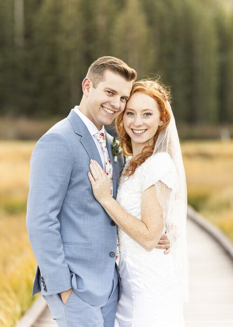 Chest To Chest Wedding Pose, Light Blue Wedding Suit, Hand On Chest Pose, Formal Hairstyle Ideas, Blue Wedding Suit Groom, Braided Bridal Hair, Floral Wedding Tie, Groom Wedding Rings, Pose Bride