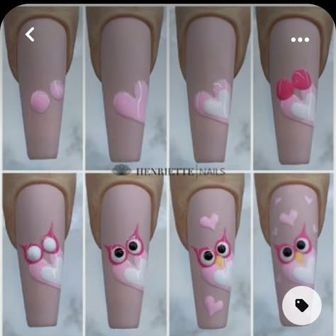 Beginner Nail Designs, Cartoon Nail Designs, Owl Nails, Quick Nail Art, Art Deco Nails, Valentine Nail Art, Nail Drawing, Nail Techniques, Nail Designs Tutorial