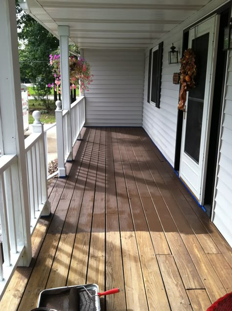 Behr Deck Over in Padre Brown. Behr Solid Deck Stain Colors, Brown Painted Deck, Brown Porch Paint, Deck Over Paint, Porch Stain, Stained Stairs, Porch And Patio Paint, Front Porch Seating, Deck Restoration