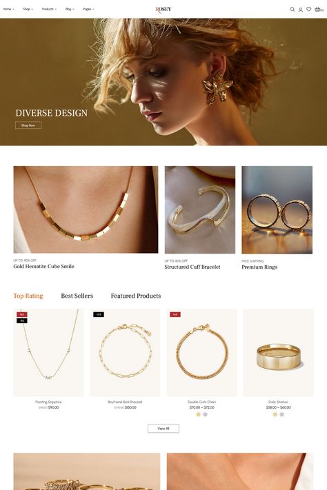 Rosey is a beautiful WordPress theme designed for jewelry stores. The theme features a clean and elegant layout that perfectly showcases your products. With its comprehensive customization options, Rosey allows you to personalize the look and feel of your online store to match your brand's image. Elegant Layout, Jewelry Website Design, Jewellery Website, Luxury Jewelry Store, Online Store Design, Jewellery Brand, Graphic Design Tools, Jewelry Website, Branding Website Design