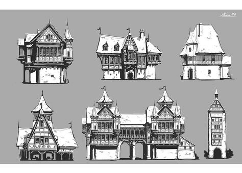 Sketchs - middle ages house, Maxime BiBi on ArtStation at https://www.artstation.com/artwork/9Q4GW Middle Ages Architecture, Wood Homes, Cartoon Town, Cave City, Medieval Village, Medieval Houses, Building Concept, Tutorials Drawing, Architectural Sketch