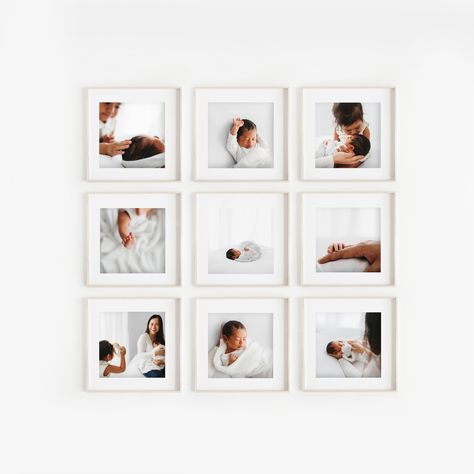 Simple  natural baby photography. white, studio, lifestyle, baby, minimalist, baby photos, simplistic, honest, organic, raw, neutral, genuine, family, newborn, framing, frame ideas, framing inspiration, simple frames, minimalist frames, white frames, 9 frames, square frames, wall art, photo wall, gallery wall Maternity Photo Display Wall Art, Framed Newborn Photos On Wall, Newborn Photo Wall Display, Newborn Gallery Wall, Newborn Photo Display Ideas, Newborn Frame Ideas, Photography Framing Ideas, Nursery Photo Wall, Nursery Picture Wall