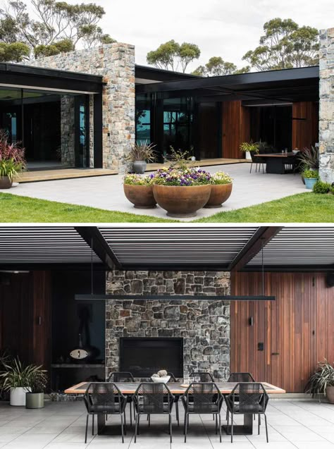 The Stone Walls Found Throughout This House Are Designed To Complement The Landscape Contemporary Stone House, Stone Houses Modern, Modern Stone House Exterior, Stone And Wood House, Stone And Wood Exterior, Indoor Stone Wall, Modern Stone House, Stone House Exterior, Grand Designs Houses