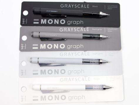 The limited edition Tombow Mono Graph Grayscale pencil is a comfortable drawing pencil with a handy twist up eraser.  The Mono Graph is also a shaker pencil, which means you can shake to advance the lead. .5mm lead in White, Light Gray, Dark Gray, and Black Eraser Refills available Check out the entire limited edition grayscale line-up! Black Eraser, Drafting Drawing, Japanese Pen, Zebra Sarasa, Frixion Pens, Gray Scale, Multi Pen, Watercolor Stickers, School Things