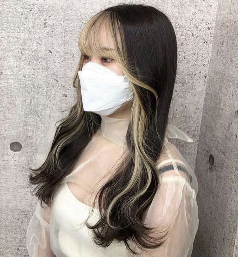 Inner Color Hair Long, Inner Colour Hair, Inner Dyed Hair, Inner Hair Dye, Navy Goth, Model Bangs, Ethereal Model, Middle Part Ponytail, Purple Peekaboo Hair