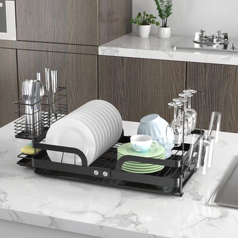 CozyBlock Steel Foldable Dish Drying Rack with Utensil, Cutlery Holder & Glass Hanger – Rust Proof Kitchen Countertop Dish Rack with Extra Large Drainboard Set – Bonus Drinkware Clips Organiser Cucina, Kitchen Dish Rack, Kitchen Sink Storage, Dish Drying Rack, Cutlery Holder, Dish Drainers, Sink Storage, Dish Rack, Home Basics