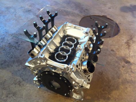 Engine Block Table, Engine Coffee Table, Officine In Garage, Engine Table, Car Part Art, Car Parts Decor, Man Cave Furniture, Garage Furniture, Car Part Furniture