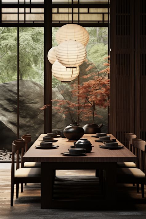 Dimly lit modern japandi dining room with large table and chairs Japandi Kitchen Table Decor, Japanese Inspired Dining Room, Japanese Style Dining Room, Japan Dining Room, Japandi Windows, Japanese Terrace, Zen Dining Room, Dark Japandi, Japandi Dining Table