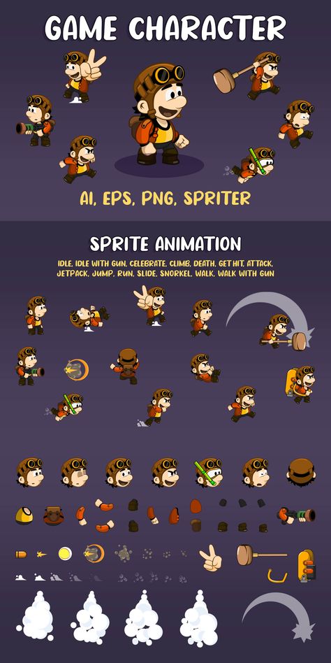 Game Character for 2D Platformer 2d Platformer Character, 2d Sprite, 2d Platformer, Platformer Game, Character Sprite, Character Game, Game 2d, Character Actions, Drawing Ideas List