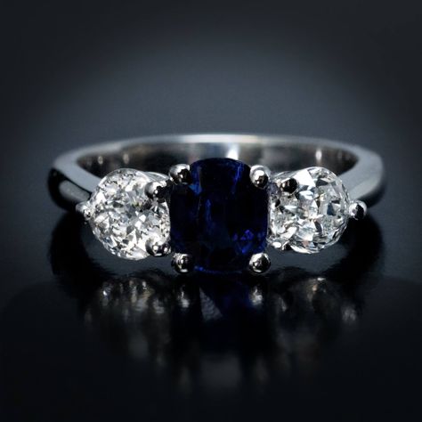 Sapphire Diamond Platinum Three Stone Ring Ref: 267852 - Antique Jewelry | Vintage Rings | Faberge EggsAntique Jewelry | Vintage Rings | Faberge Eggs Diamond Sapphire Engagement Ring, Sapphire Diamond Engagement, Georgian Jewelry, Vintage Jewellery Rings, Edwardian Jewelry, Fancy Rings, Faberge Eggs, Three Stone Ring, Ruby Engagement Ring