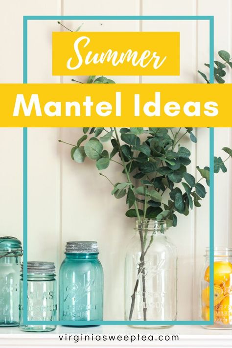 Mantle Decor Under Tv, Summer Mantel Decorating Ideas, Mantel Decorating Ideas, Summer Mantel, Blue Candle Holders, Mantel Decorating, Mantel Ideas, Fireplace Mantle Decor, Pinterest Challenge