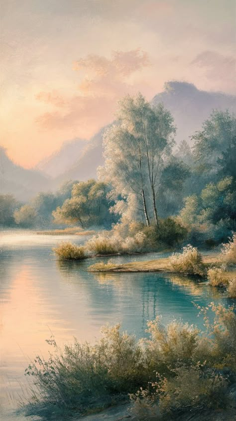 Immerse yourself in the peace of a serene landscape print, showcasing a calm lake and lush greenery in soft pastels. Inspired by the ethereal beauty of Monet and Turner, this impressionistic artwork invites contemplation with its minimalistic elements. Experience tranquility as gentle hues of sunset blend harmoniously, perfect for any art lover seeking tranquility in nature. #ArtPrints #SereneLandscapes #Tranquility Serenity Background, Peaceful Artwork, Serene Art, Journal Materials, Serene Design, Light In The Darkness, Pastel Landscape, Serene Landscape, Chinese Landscape