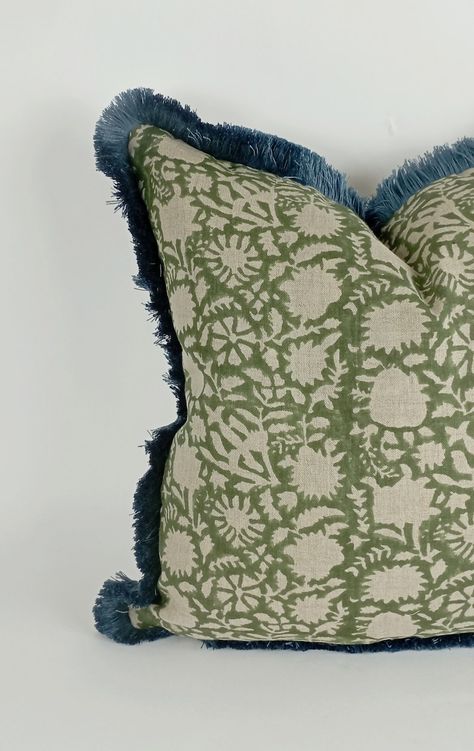 Green Block Print Pillow, Green Floral Pillow, Green Block Print Cushion, Indian Fabric, Blue Fringe Pillow - Etsy Green Floral Pillow, Green Block Print, Block Print Pillow, Pillow Green, Block Printed Pillows, Fringe Pillows, Floral Pillow, Print Pillow, Green Pillows