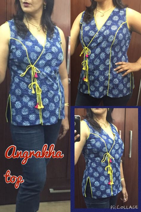 Angrakha top in indigo dyed cotton Angrakha Top, Painted Kurti, Window Quilts, Short Kurti Designs, Angrakha Style, Attic Window, Tunic Dresses, Kurta Style, Style Crop Top