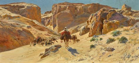 Fantasy Art Desert, Desert Caravan, Camel Painting, Islamic Golden Age, Fantasy Desert, Orientalist Art, Orientalist Paintings, Crib Ideas, Artistic Painting