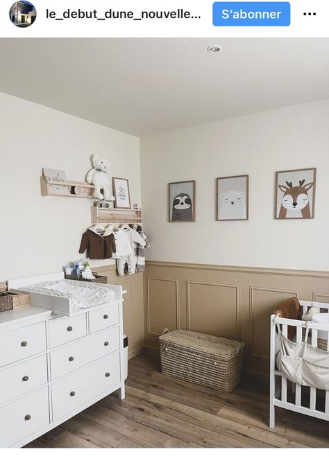 Molding On Walls Nursery, Brown Accent Wall Nursery, Nursery Room Panelling, Half Wall Paneling Ideas Nursery, Baby Room Panelling, Wall Paneling Nursery, Nursery Paneling, Nursery Panelling Wall, Panelling Nursery